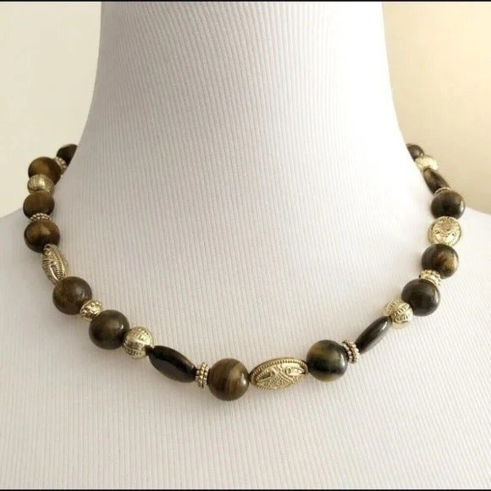 Brown Circle Beaded Necklace with Gold Accents